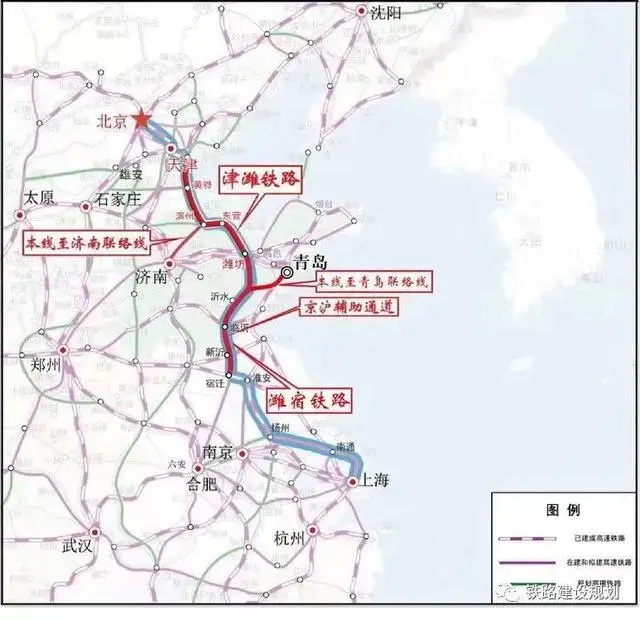 京沪高铁二线走向为北京—天津—沧州—滨州—东营—潍坊—日照—临沂—徐州(新沂)—宿迁—淮安—扬州—南通 ...